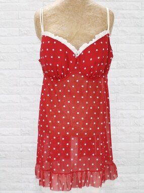 CACIQUE Chemise Sheer Polka Dot Retro Babydoll Negligee Lace Red White Plus Size
